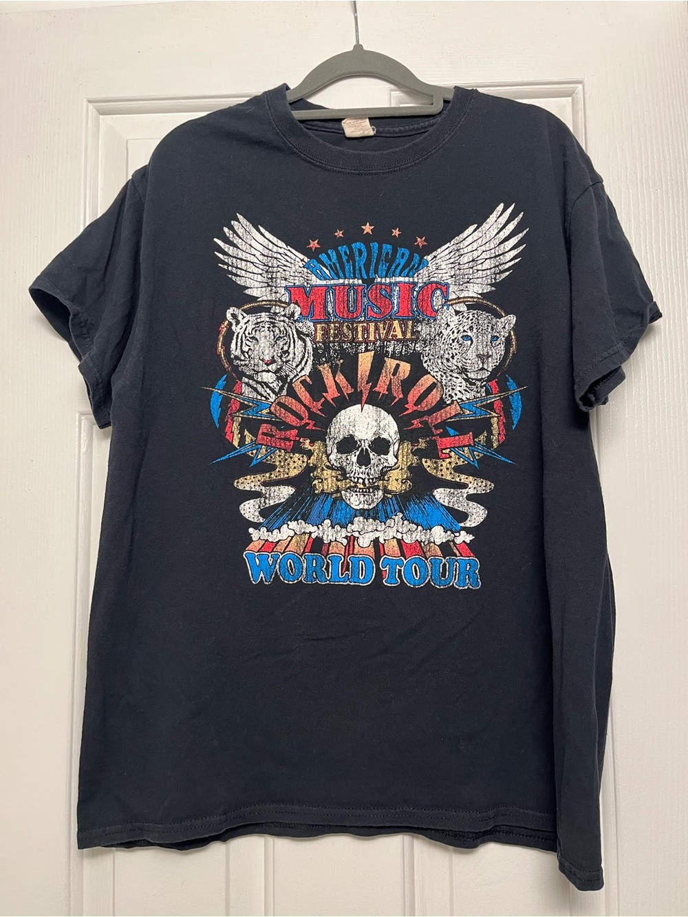 Altar'd State Black Rock Music Festival Skull Tee with Red/Blue/White Print